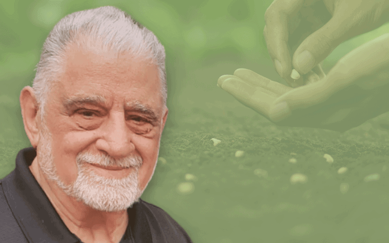 Jim Carras from Native Flora Seeds with a greed background and seeds being planted.