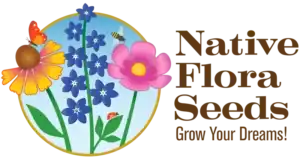 Native Flora Seeds logo with illustrated flowers and pollinators.