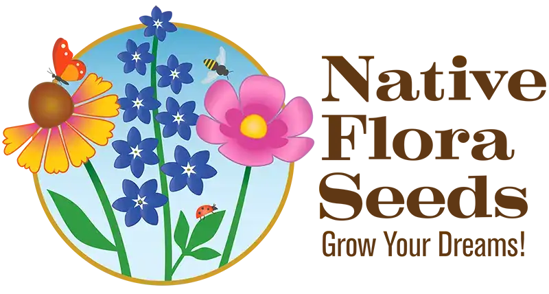 Native Flora Seeds logo with illustrated flowers and pollinators.