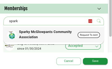 Scroll to the bottom, enter the name of the Org you'd like to join under Memberships, and click "Request to Join".