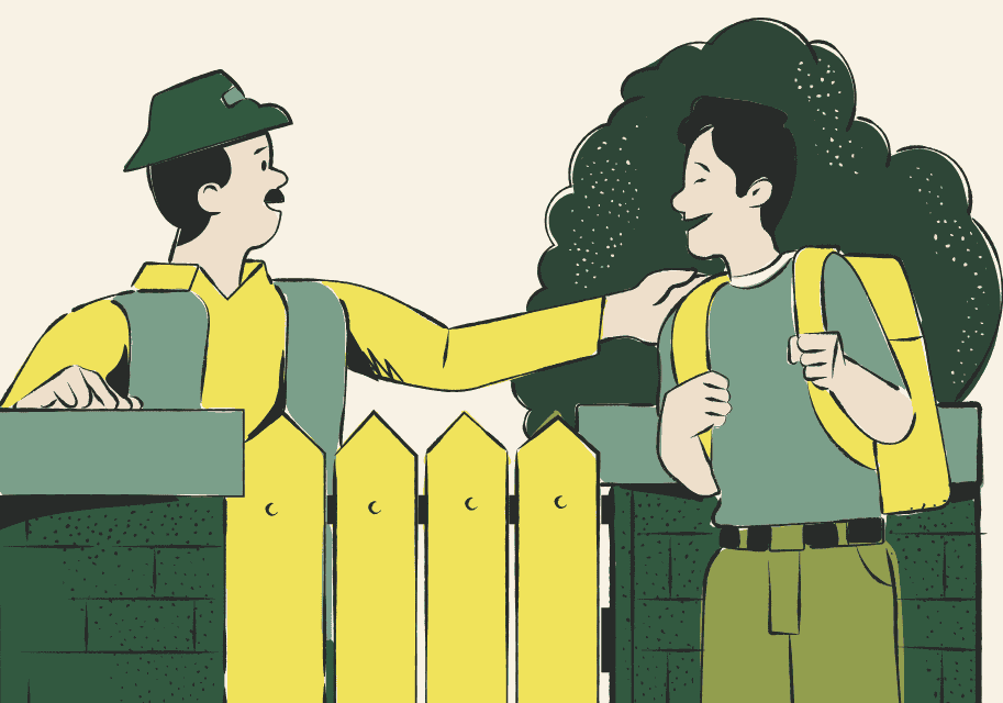 Person chatting with a neighbor across a garden fence