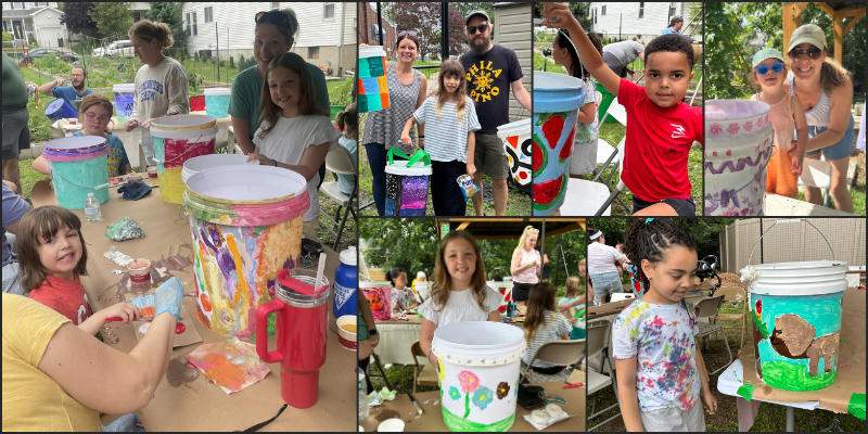 Mosquito Bucket Challenge for Email Families and children painting colorful mosquito buckets during a community Mosquito Bucket Challenge event.