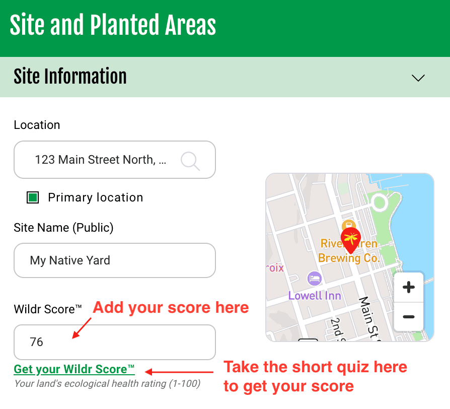 Screenshot of the Biodiversity Map entry form showing where to enter your Wildr Score and how to take the short quiz to get your score.