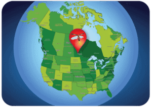 Illustration of North America with a red map pin featuring a firefly symbol marking a location on the Homegrown National Park Biodiversity Map.