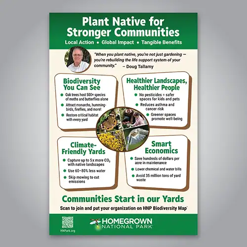 HNP Community Poster: Plant Native for Stronger Communities — headings include Biodiversity You Can See, Healthier Landscapes Healthier People, Climate-Friendly Yards, Smart Economics; Homegrown National Park logo